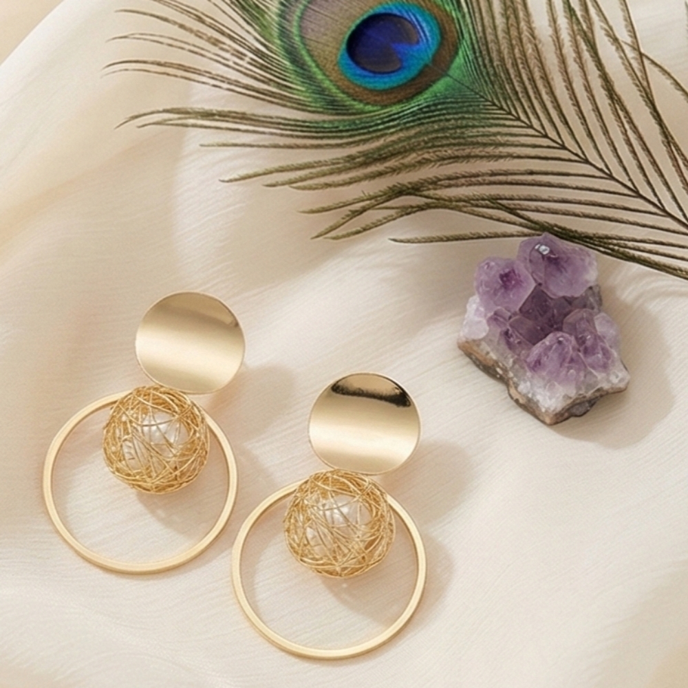 Gold Plated Wire Mesh Faux Pearl Sphere Statement Drop Earrings Geometric Chic - Picture 7 of 15